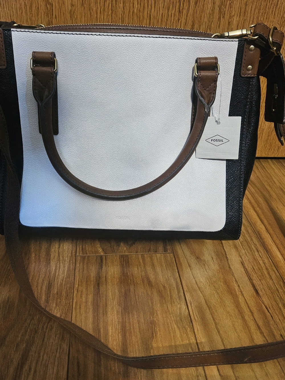 Fossil Black, White & Brown Leather Crossbody Satchel